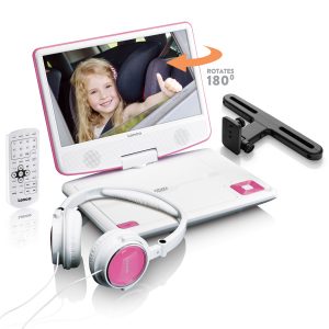 Lenco DVP-910PK - 9 Zoll tragbarer DVD-Spieler mit Kopfhörer und Kopfstützenbefestigung - integrierter Akku - USB-Eingang - Pink/Weiß