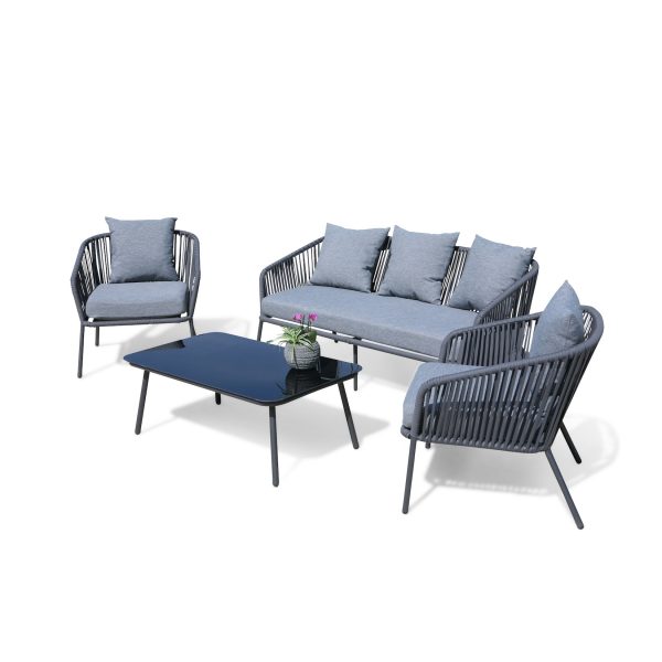 Grasekamp Lounge Sitzgruppe 4 teilig mit dicken  Kissen Grau Coffee Set Arezzo Aluminium  Loungeset Garten Sitzgruppe Loungemöbel