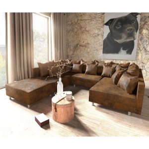 Couch Clovis Braun Vintage Optik mit Hocker Wohnlandschaft Modulsofa