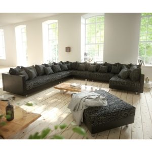 Couch Clovis XXL Schwarz mit Hocker Ottomane Links Wohnlandschaft Modulsofa