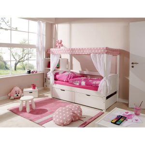 TiCAA Himmelbett Mini mit Bettkasten "Stern Rosa" Kiefer Weiß