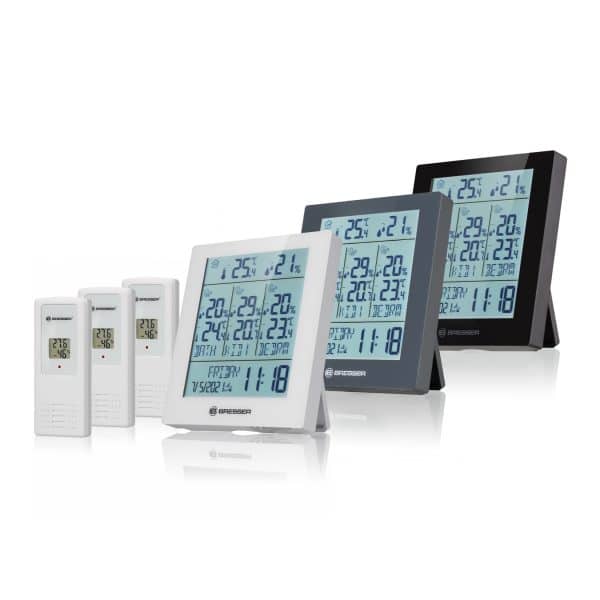 BRESSER Quadro Neo Thermo- und Hygrometer mit 3 Funksensoren und Standortangabe Farbe: grau