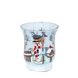 SIGRO Teelichthalter Ø 8 cm aus Glas mit Wintermotiv Schneemann