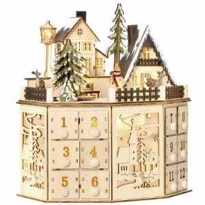 HOMCOM Adventskalender mit LED Lichtern und kleinem Dorf natur 25B x 20T x 29H cm   Advent Adventskalender Weihnachten Befüllen Dorf LED Dekoration