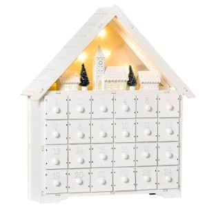 HOMCOM Adventskalender mit LED Lichtern und kleinem Dorf weiß 39B x 9T x 42H cm   Advent Adventskalender Weihnachten Befüllen Dorf LED Dekoration