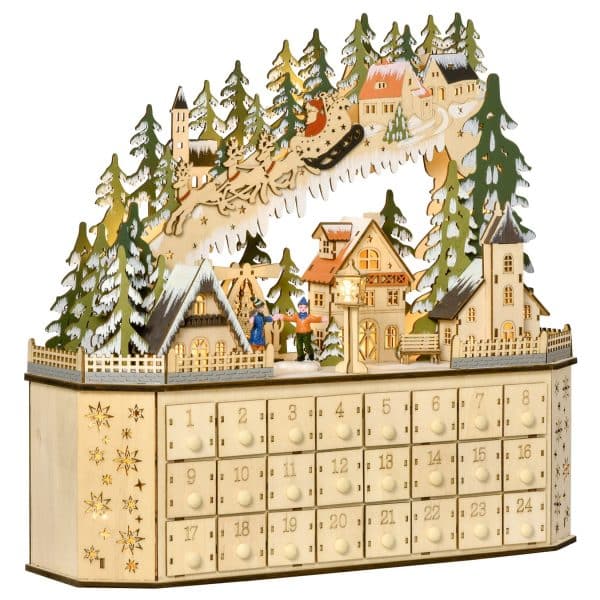 HOMCOM Adventskalender mit LED Lichtern und kleinem Dorf natur 45B x 13T x 43H cm   Advent Adventskalender Weihnachten Befüllen Dorf LED Dekoration