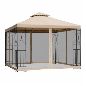 Outsunny Metallpavillon mit Moskitonetz beige 300 x 300 x 278 cm (LxBxH)   Gartenpavillon Gartenzelt Festzelt Partyzelt