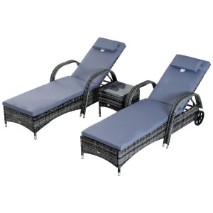 Outsunny Rattan-Gartenliege als 3-teiliges Set grau   Sonnenliege mit Tisch Gartenmöbel Polyrattan Gartenset