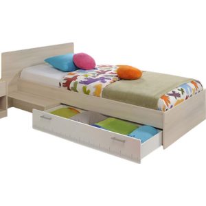 Jugendbett Charly Parisot inkl. Bettkasten + Ablagetisch Akazie beige - weiß 90*200 cm