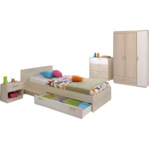 Kinderzimmer Charly Parisot 4-tlg Bett 90*200 cm mit 3-türigem Kleiderschrank grau - weiß