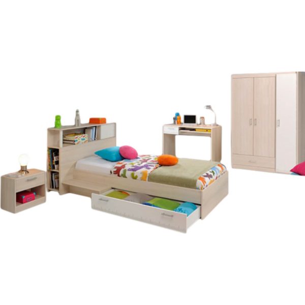 Jugendzimmer Charly Parisot 4-teilig Bett 90*200 cm mit 3-trg. Kleiderschrank Akazie beige - weiß