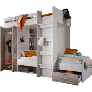 Etagenbett Nils inklusive Kleiderschrank + Schubkasten + Regale + Lattenrostplatte weiß - grau