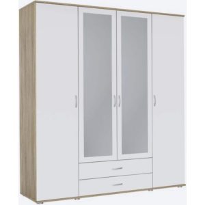 Kleiderschrank Sara 4-trg (2 mit Spiegelfront) + 2 große Schubladen weiß braun B 168 cm - H 188 cm