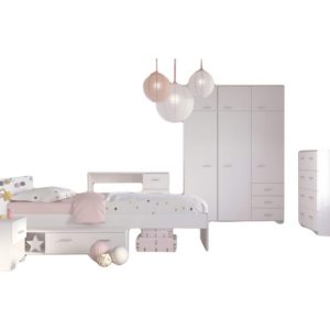 Kinderzimmer Galaxy Parisot 5-tlg Bett + Kleiderschrank + Nachtkommode + Schreibtisch + Kommode weiß