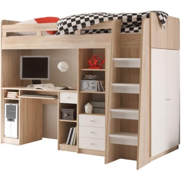 Hochbett Enri 90*200 cm inkl. Kleiderschrank Regal Schreibtisch + Lattenrostplatte sonoma Eiche-weiß