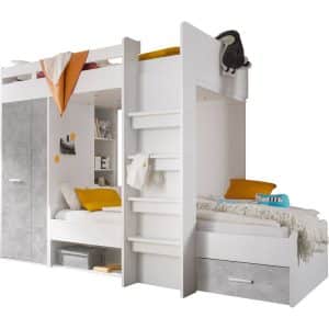 Etagenbett Nils inklusive Kleiderschrank + Schubkasten + Regale + Lattenrostplatte weiß - Beton