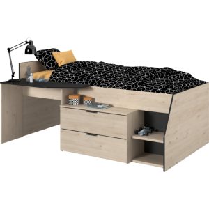 Hochbett Milky Parisot braun - schwarz inkl. Schreibtischplatte + Kommode + Ablagefach + Stauraum