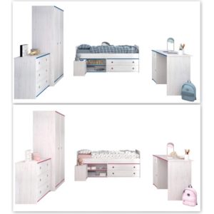 Kinderzimmer Smoozy Parisot 5-tlg Bett + Nachtkommode + Schreibtisch + Kleiderschrank + Kommode weiß