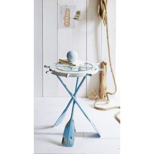 Beistelltisch Maritim Shabby Chic Metall weiß/blau ca. 60 cm hoch "Ruder" Blau/Weiß