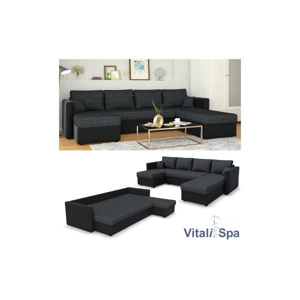 VICCO XXL Ecksofa mit Schlaffunktion Schwarz - Couch Ecksofa Schlafsofa Taschenfederkern Polstereck