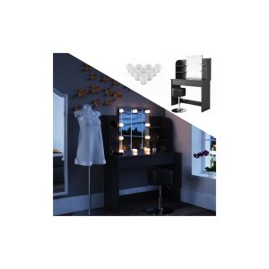 Vicco Schminktisch Charlotte Frisiertisch Kommode Frisierkommode Spiegel Schwarz inklusive Hocker und LED-Lichterkette