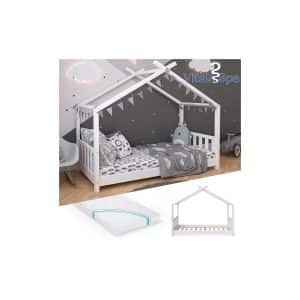 VITALISPA Kinderbett Hausbett DESIGN 80x160cm Weiß Zaun Kinder Holz Haus Hausbett mit Matratze