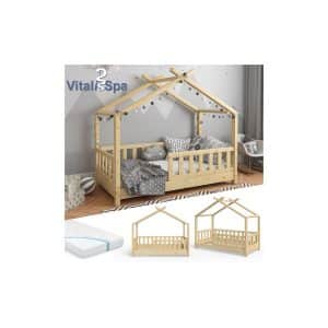VITALISPA Kinderbett Hausbett DESIGN 70x140cm Natur Zaun Kinder Holz Haus Hausbett mit Matratze