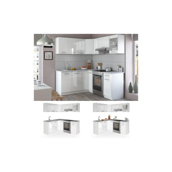 Vicco Küche Küchenzeile L-Form Küchenblock Einbauküche Komplettküche 167x187cm Weiß HGL