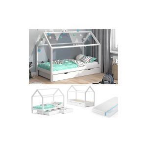 VITALISPA Kinderbett Hausbett Schubladen Bett Holz Kinderhaus weiß 90x200 cm + Matratze