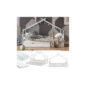 VitaliSpa Kinderbett Hausbett Gästebett Design Lattenrost 90x200 Matratze Weiß