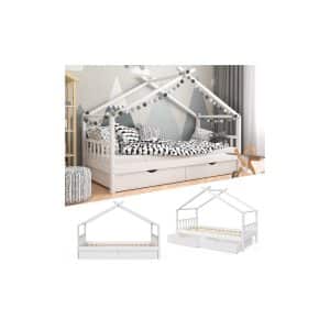 VitaliSpa Kinderbett Hausbett Kinderhaus Design Weiß Lattenrost 90x200 Schublade