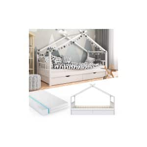 VitaliSpa Kinderbett Hausbett Kinderhaus Design Weiß 90x200 Schublade Matratze