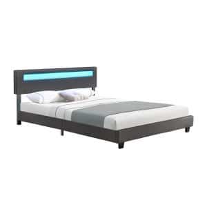 Juskys Polsterbett Paris 160x200 cm – Bett mit LED Beleuchtung & Lattenrost – Doppelbett grau