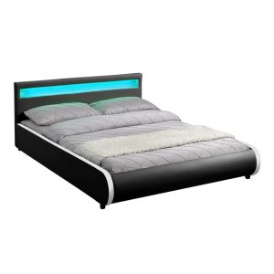 Juskys Polsterbett Sevilla 140x200 cm– Bett mit LED Beleuchtung & Lattenrost – Jugendbett schwarz