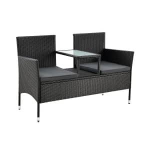 Juskys Polyrattan Gartenbank Monaco schwarz - 2-Sitzer Bank mit Tisch & Kissen - 133×63×84 cm