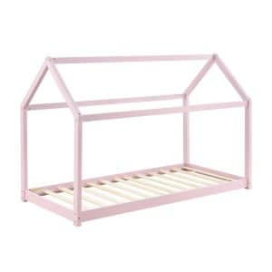 Juskys Kinderbett Carlotta 90 x 200 cm Lattenrost & Dach   rose   Hausbett   Holz   Kiefer