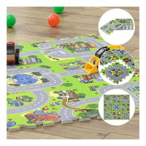 Juskys Kinder Puzzlematte Jascha 9 Teile - Stadt & Straßen – rutschfest – Spielmatte ab 10 Monate