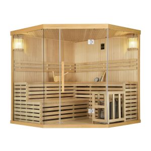 Artsauna Saunakabine Espoo200 Premium  mit Harvia Ofen – 5 Personen – Hemlock Holz & Glasfront