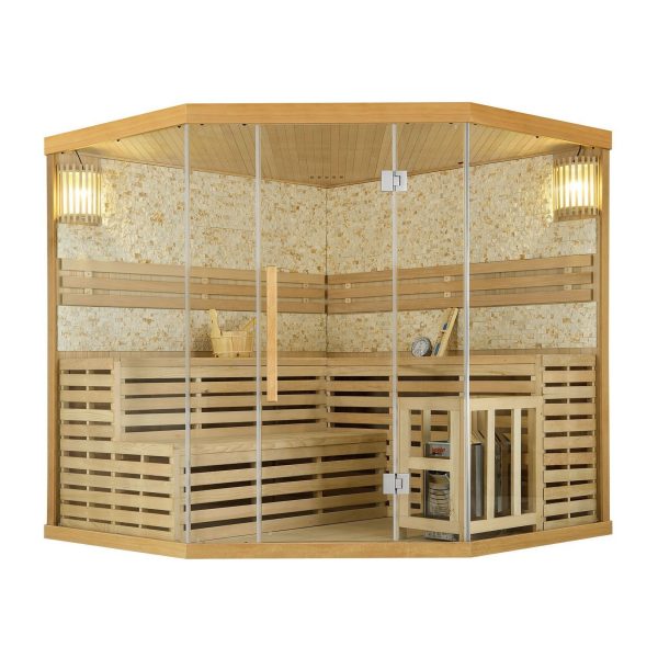 Artsauna Saunakabine Espoo200 Premium Naturstein-Wand – 5 Personen – Harvia Ofen & Hemlock Holz