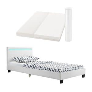 Juskys Polsterbett Verona 90x200 cm weiß mit Matratze – Einzelbett + LED-Beleuchtung & Lattenrost