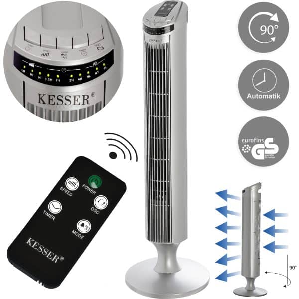 KESSER Turmventilator FERNBEDIENUNG Ventilator LED Display Standventilator Klimaanlage... Silber