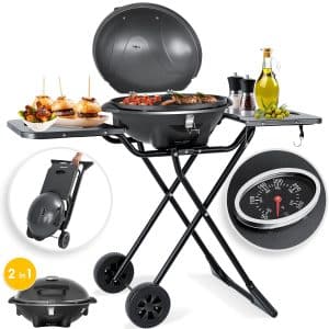 KESSER® elektrischer Elektrogrill 2in1 Tischgrill - Standgrill mit Deckel und Standfuß   max. 2400 Watt   Faltbar   Thermometer   Antihaftbeschichtung   Grillplatte Abstelltische   2 Räder   Schwarz... Schwarz