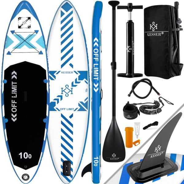 KESSER® Aufblasbares SUP Board Set Stand Up Paddle Board Premium Surfboard Wassersport   6 Zoll Dick    Komplettes Zubehör   130kg... (LIMIT) Weiß / Blau 305CM