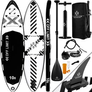 KESSER® Aufblasbares SUP Board Set Stand Up Paddle Board Premium Surfboard Wassersport   6 Zoll Dick    Komplettes Zubehör   130kg... (LIMIT) Weiß / Schwarz 320CM