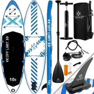 KESSER® Aufblasbares SUP Board Set Stand Up Paddle Board Premium Surfboard Wassersport   6 Zoll Dick    Komplettes Zubehör   130kg... (LIMIT) Weiß / Blau 320CM