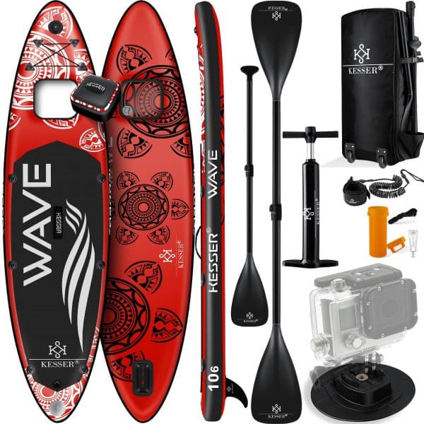 KESSER® SUP Board Aufblasbar Set mit Sichtfenster Stand Up Paddle Board Premium Surfboard Wassersport   6 Zoll Dick    Komplettes Zubehör   130kg... (AQUA) Rot 366CM