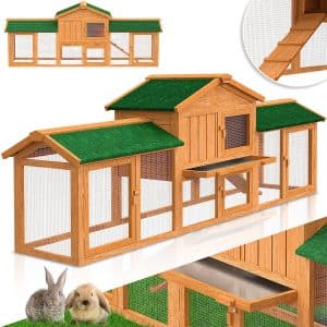 LOVPET® Kaninchenstall Hasenstall XXL Kleintiergehege Premium - Große Für bis 4 Hasen Doppelstockhaus - 2 Ebenen - Hasenkäfig Meerschweinchen Freilauf Garten - Winterfest Holz 220x50x86 cm... Braun