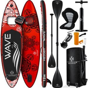 KESSER® SUP Board Aufblasbar Set mit Sichtfenster Stand Up Paddle Board Premium Surfboard Wassersport   6 Zoll Dick    Komplettes Zubehör   130kg... (AQUA) Rot 380CM