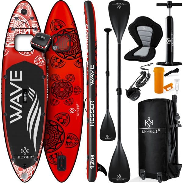 KESSER® SUP Board Aufblasbar Set mit Sichtfenster Stand Up Paddle Board Premium Surfboard Wassersport   6 Zoll Dick    Komplettes Zubehör   130kg... (AQUA) Rot 380CM