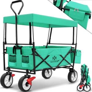 KESSER® Bollerwagen faltbar mit Dach Handwagen Transportkarre Gerätewagen   inkl. 2 Netztaschen und Einer Außentasche   klappbar   Vollgummi-Reifen   bis 100 kg Tragkraft   Mit Vorderrad-Bremse... Mint Grün